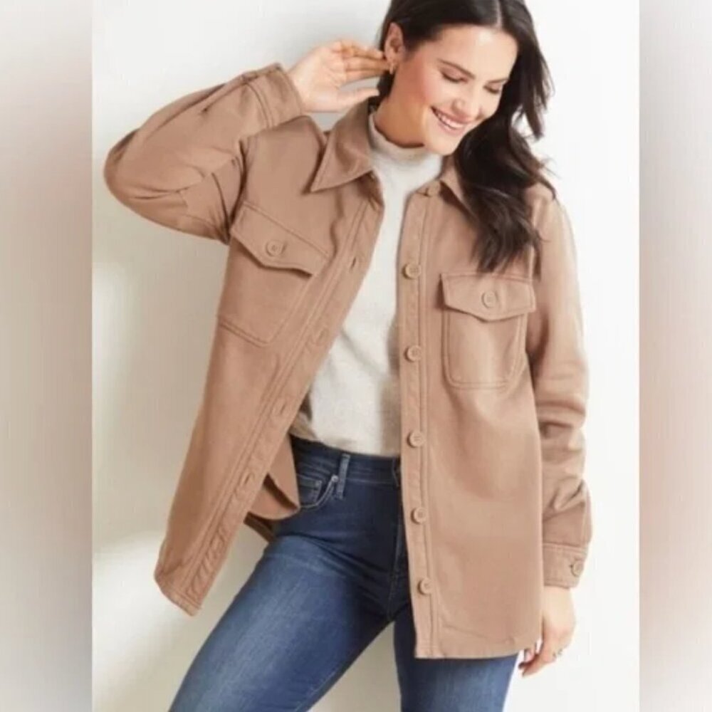 Good American Cotton Fleece Shacket Tan Size 1/2 Oversized Button Up Layering